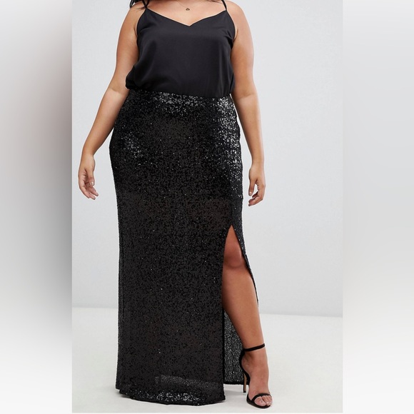 Outrageous Fortune Plus Black Sequin Maxi Skirt With Front  Slit Gown Skirt - Picture 3 of 9